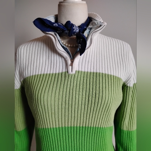 Liz Claiborne Cotton 1/4 Zip Sweater Navy Blue Green Stripe Coastal Size Pet XL - Picture 3 of 11